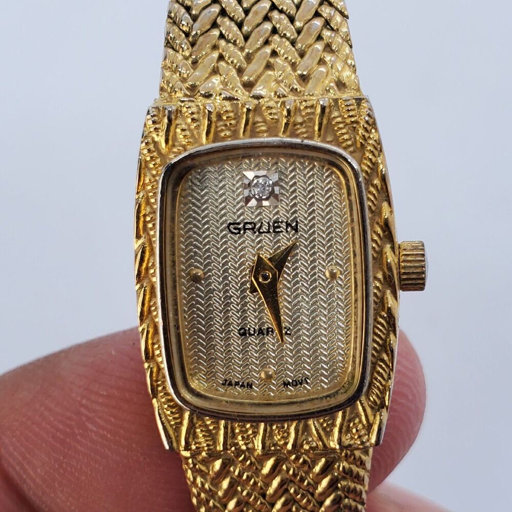 Gruen Women's Watch 15MM Gold Dial Gold Bracelet Band Up to 7" Wrist New Battery